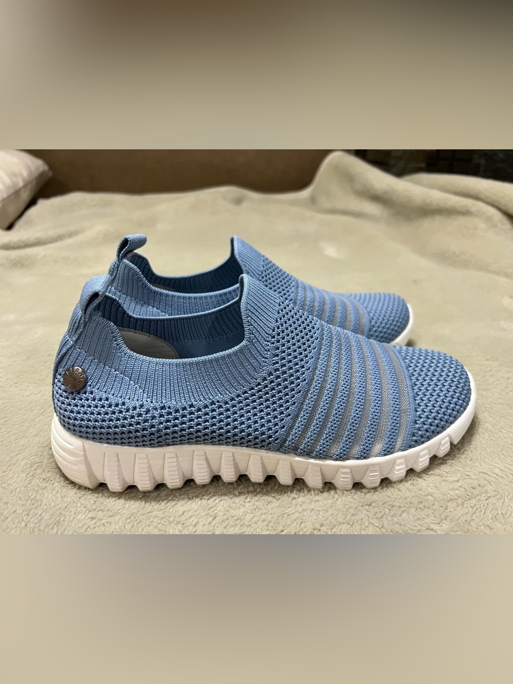 Bernie Mev Knit Slip-On Sneakers in Light Blue with White Sole